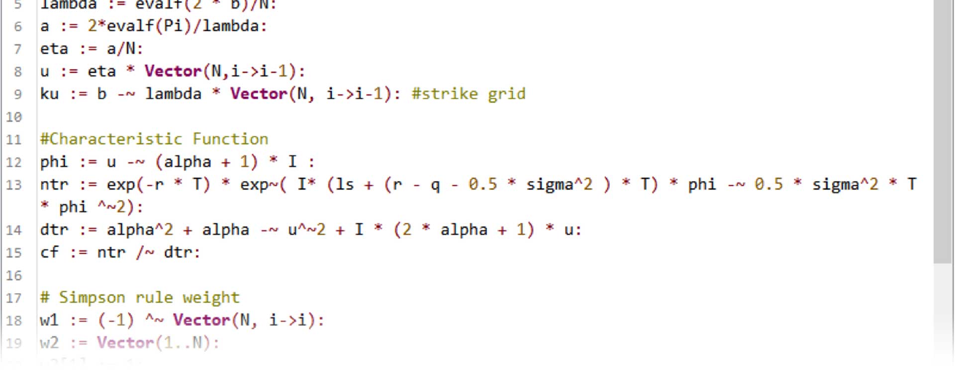 Part of algorithm to calculate option price with fast Fourier transforms