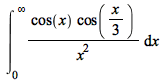 int(`/`(`*`(cos(x), `*`(cos(`+`(`*`(`/`(1, 3), `*`(x)))))), `*`(`^`(x, 2))), x = 0 .. infinity)