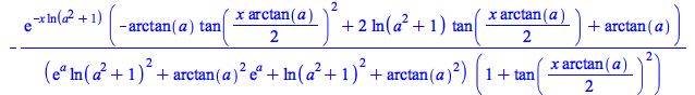 `+`(`-`(`/`(`*`(exp(`+`(`-`(`*`(x, `*`(ln(`+`(`*`(`^`(a, 2)), 1))))))), `*`(`+`(`-`(`*`(arctan(a), `*`(`^`(tan(`+`(`*`(`/`(1, 2), `*`(x, `*`(arctan(a)))))), 2)))), `*`(2, `*`(ln(`+`(`*`(`^`(a, 2)), 1)...