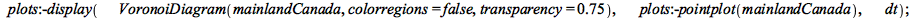 plots:-display(VoronoiDiagram(mainlandCanada, colorregions = false, transparency = .75), plots:-pointplot(mainlandCanada), dt); 1