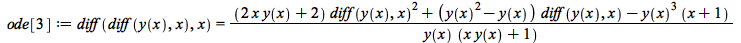 ode[3] := diff(diff(y(x), x), x) = `/`(`*`(`+`(`*`(`+`(`*`(2, `*`(x, `*`(y(x)))), 2), `*`(`^`(diff(y(x), x), 2))), `*`(`+`(`*`(`^`(y(x), 2)), `-`(y(x))), `*`(diff(y(x), x))), `-`(`*`(`^`(y(x), 3), `*`...