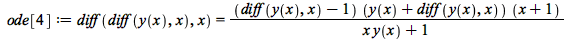 ode[4] := diff(diff(y(x), x), x) = `/`(`*`(`+`(diff(y(x), x), `-`(1)), `*`(`+`(y(x), diff(y(x), x)), `*`(`+`(x, 1)))), `*`(`+`(`*`(x, `*`(y(x))), 1)))