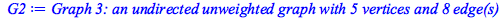 Typesetting:-mprintslash([G2 := `Graph 3: an undirected unweighted graph with 5 vertices and 8 edge(s)`], [GRAPHLN(undirected, unweighted, [1, 2, 3, 4, 5], Array(%id = 18446746447075675782), `GRAPHLN/...