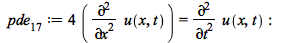 pde[17] := `+`(`*`(4, `*`(diff(u(x, t), x, x)))) = diff(u(x, t), t, t); -1