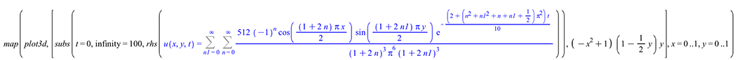 map(plot3d, [subs(t = 0, infinity = 100, rhs(u(x, y, t) = Sum(Sum(`+`(`/`(`*`(512, `*`(`^`(-1, n), `*`(cos(`+`(`*`(`/`(1, 2), `*`(`+`(1, `*`(2, `*`(n))), `*`(Pi, `*`(x)))))), `*`(sin(`+`(`*`(`/`(1, 2)...