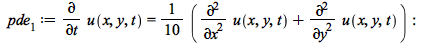 pde[1] := diff(u(x, y, t), t) = `+`(`*`(`/`(1, 10), `*`(diff(u(x, y, t), x, x))), `*`(`/`(1, 10), `*`(diff(u(x, y, t), y, y)))); -1