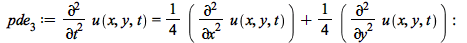 pde[3] := diff(u(x, y, t), t, t) = `+`(`*`(`/`(1, 4), `*`(diff(u(x, y, t), x, x))), `*`(`/`(1, 4), `*`(diff(u(x, y, t), y, y)))); -1