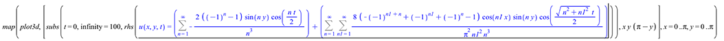 map(plot3d, [subs(t = 0, infinity = 100, rhs(u(x, y, t) = `+`(Sum(`+`(`-`(`/`(`*`(2, `*`(`+`(`^`(-1, n), `-`(1)), `*`(sin(`*`(n, `*`(y))), `*`(cos(`+`(`*`(`/`(1, 2), `*`(n, `*`(t))))))))), `*`(`^`(n, ...