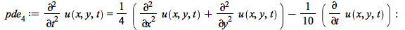 pde[4] := diff(u(x, y, t), t, t) = `+`(`*`(`/`(1, 4), `*`(diff(u(x, y, t), x, x))), `*`(`/`(1, 4), `*`(diff(u(x, y, t), y, y))), `-`(`*`(`/`(1, 10), `*`(diff(u(x, y, t), t))))); -1