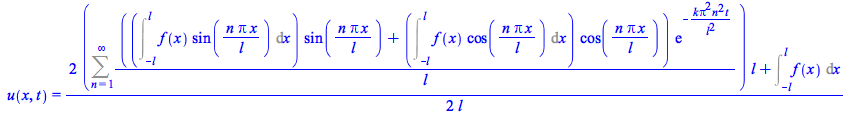 Typesetting:-mprintslash([u(x, t) = `+`(`/`(`*`(`/`(1, 2), `*`(`+`(`*`(2, `*`(Sum(`/`(`*`(`+`(`*`(Int(`*`(f(x), `*`(sin(`/`(`*`(n, `*`(Pi, `*`(x))), `*`(l))))), x = `+`(`-`(l)) .. l), `*`(sin(`/`(`*`(...