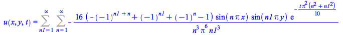 u(x, y, t) = Sum(Sum(`+`(`-`(`/`(`*`(16, `*`(`+`(`-`(`^`(-1, `+`(n1, n))), `^`(-1, n1), `^`(-1, n), `-`(1)), `*`(sin(`*`(n, `*`(Pi, `*`(x)))), `*`(sin(`*`(n1, `*`(Pi, `*`(y)))), `*`(exp(`+`(`-`(`*`(`/...