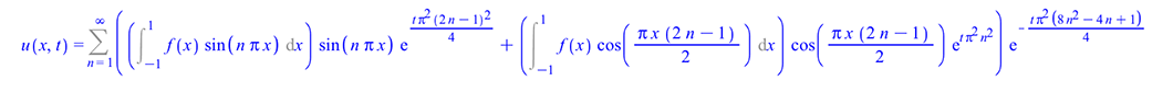 Typesetting:-mprintslash([u(x, t) = Sum(`*`(`+`(`*`(Int(`*`(f(x), `*`(sin(`*`(n, `*`(Pi, `*`(x)))))), x = -1 .. 1), `*`(sin(`*`(n, `*`(Pi, `*`(x)))), `*`(exp(`+`(`*`(`/`(1, 4), `*`(t, `*`(`^`(Pi, 2), ...