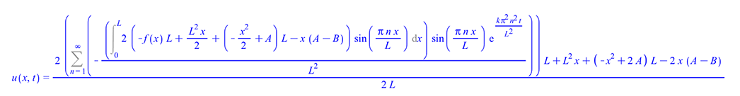 Typesetting:-mprintslash([u(x, t) = `+`(Sum(`+`(`/`(`*`(2, `*`(Int(`*`(g(x), `*`(sin(`/`(`*`(n1, `*`(Pi, `*`(x))), `*`(l))))), x = 0 .. l), `*`(sin(`/`(`*`(n1, `*`(Pi, `*`(x))), `*`(l))), `*`(exp(`+`(...