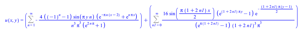 u(x, y) = `+`(Sum(`+`(`-`(`/`(`*`(4, `*`(`+`(`^`(-1, n), `-`(1)), `*`(sin(`*`(Pi, `*`(y, `*`(n)))), `*`(`+`(exp(`+`(`-`(`*`(Pi, `*`(n, `*`(`+`(x, `-`(2)))))))), exp(`*`(n, `*`(Pi, `*`(x))))))))), `*`(...