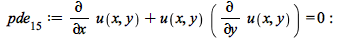 pde[15] := `+`(diff(u(x, y), x), `*`(u(x, y), `*`(diff(u(x, y), y)))) = 0; -1