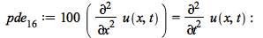 pde[16] := `+`(`*`(100, `*`(diff(u(x, t), x, x)))) = diff(u(x, t), t, t); -1