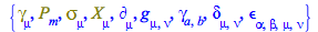 Typesetting:-mprintslash([{Physics:-Dgamma[mu], P[m], Physics:-Psigma[mu], X[mu], Physics:-d_[mu], Physics:-g_[mu, nu], Physics:-gamma_[a, b], Physics:-KroneckerDelta[mu, nu], Physics:-LeviCivita[alph...