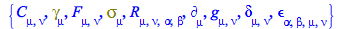 {C[mu, nu], Physics:-Dgamma[mu], F[mu, nu], Physics:-Psigma[mu], R[mu, nu, alpha, beta], Physics:-d_[mu], Physics:-g_[mu, nu], Physics:-KroneckerDelta[mu, nu], Physics:-LeviCivita[alpha, beta, mu, nu]...