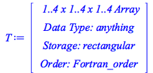 Typesetting:-mprintslash([T := RTABLE(18446744078163780782, anything, Array, rectangular, Fortran_order, [], 3, 1 .. 4, 1 .. 4, 1 .. 4)], [Array(%id = 18446744078163780782)])