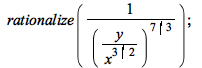 rationalize(`/`(1, `*`(`^`(`/`(`*`(y), `*`(`^`(x, `/`(3, 2)))), `/`(7, 3))))); 1