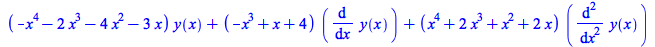 Typesetting:-mprintslash([`+`(`*`(`+`(`-`(`*`(`^`(x, 4))), `-`(`*`(2, `*`(`^`(x, 3)))), `-`(`*`(4, `*`(`^`(x, 2)))), `-`(`*`(3, `*`(x)))), `*`(y(x))), `*`(`+`(`-`(`*`(`^`(x, 3))), x, 4), `*`(diff(y(x)...