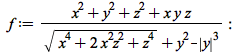 f := `/`(`*`(`+`(`*`(x, `*`(y, `*`(z))), `*`(`^`(x, 2)), `*`(`^`(y, 2)), `*`(`^`(z, 2)))), `*`(`+`(sqrt(`+`(`*`(`^`(x, 4)), `*`(2, `*`(`^`(x, 2), `*`(`^`(z, 2)))), `*`(`^`(z, 4)))), `*`(`^`(y, 2)), `-...