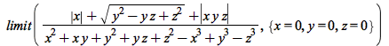 limit(`/`(`*`(`+`(abs(x), sqrt(`+`(`*`(`^`(y, 2)), `-`(`*`(y, `*`(z))), `*`(`^`(z, 2)))), abs(`*`(x, `*`(y, `*`(z)))))), `*`(`+`(`-`(`*`(`^`(x, 3))), `*`(`^`(y, 3)), `-`(`*`(`^`(z, 3))), `*`(`^`(x, 2)...