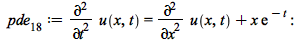 pde__18 := diff(u(x, t), t, t) = `+`(diff(u(x, t), x, x), `*`(x, `*`(exp(`+`(`-`(t)))))); -1