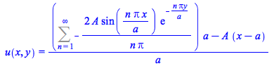 u(x, y) = `/`(`*`(`+`(`*`(Sum(`+`(`-`(`/`(`*`(2, `*`(A, `*`(sin(`/`(`*`(n, `*`(Pi, `*`(x))), `*`(a))), `*`(exp(`+`(`-`(`/`(`*`(n, `*`(Pi, `*`(y))), `*`(a))))))))), `*`(n, `*`(Pi))))), n = 1 .. infinit...