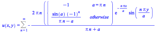 Typesetting:-mprintslash([u(x, y) = Sum(`+`(`-`(`/`(`*`(2, `*`(Pi, `*`(n, `*`(PIECEWISE([-1, a = `*`(Pi, `*`(n))], [`/`(`*`(sin(a), `*`(`^`(-1, n))), `*`(`+`(`*`(Pi, `*`(n)), `-`(a)))), otherwise]), `...