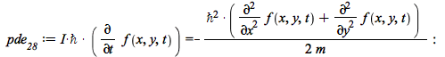 pde__28 := `*`(I, `*`(`ℏ`, `*`(diff(f(x, y, t), t)))) = `+`(`-`(`/`(`*`(`/`(1, 2), `*`(`^`(`ℏ`, 2), `*`(`+`(diff(f(x, y, t), x, x), diff(f(x, y, t), y, y))))), `*`(m)))); -1