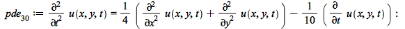 pde__30 := diff(u(x, y, t), t, t) = `+`(`*`(`/`(1, 4), `*`(diff(u(x, y, t), x, x))), `*`(`/`(1, 4), `*`(diff(u(x, y, t), y, y))), `-`(`*`(`/`(1, 10), `*`(diff(u(x, y, t), t))))); -1