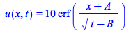 u(x, t) = `+`(`*`(10, `*`(erf(`/`(`*`(`+`(x, A)), `*`(`^`(`+`(t, `-`(B)), `/`(1, 2))))))))