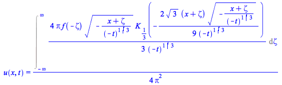 Typesetting:-mprintslash([u(x, t) = `+`(`/`(`*`(`/`(1, 4), `*`(Int(`+`(`/`(`*`(`/`(4, 3), `*`(Pi, `*`(f(`+`(`-`(zeta))), `*`(`^`(`+`(`-`(`/`(`*`(`+`(x, zeta)), `*`(`^`(`+`(`-`(t)), `/`(1, 3)))))), `/`...