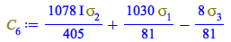 Typesetting:-mprintslash([C[6] := `+`(`*`(`*`(`/`(1078, 405), `*`(I)), `*`(Physics:-Psigma[2])), `*`(`/`(1030, 81), `*`(Physics:-Psigma[1])), `-`(`*`(`/`(8, 81), `*`(Physics:-Psigma[3]))))], [`+`(`*`(...