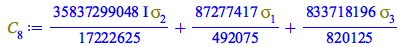 Typesetting:-mprintslash([C[8] := `+`(`*`(`*`(`/`(35837299048, 17222625), `*`(I)), `*`(Physics:-Psigma[2])), `*`(`/`(87277417, 492075), `*`(Physics:-Psigma[1])), `*`(`/`(833718196, 820125), `*`(Physic...