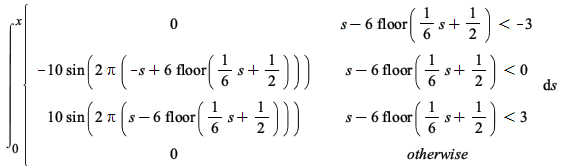 int(piecewise(`<`(`+`(s, `-`(`*`(6, `*`(floor(`+`(`*`(`/`(1, 6), `*`(s)), `/`(1, 2))))))), -3), 0, `<`(`+`(s, `-`(`*`(6, `*`(floor(`+`(`*`(`/`(1, 6), `*`(s)), `/`(1, 2))))))), 0), `+`(`-`(`*`(10, `*`(...