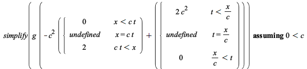 `assuming`([simplify(`*`(g, `*`(`+`(`-`(`*`(`^`(c, 2), `*`(piecewise(`<`(x, `*`(c, `*`(t))), 0, x = `*`(c, `*`(t)), undefined, `<`(`*`(c, `*`(t)), x), 2)))), piecewise(`<`(t, `/`(`*`(x), `*`(c))), `+`...