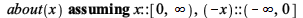 `assuming`([about(x)], [x::(RealRange(0, infinity)), (`+`(`-`(x)))::(RealRange(`+`(`-`(infinity)), 0))]); 