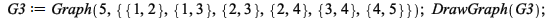 G3 := Graph(5, {{1, 2}, {1, 3}, {2, 3}, {2, 4}, {3, 4}, {4, 5}}); 1; DrawGraph(G3); 1