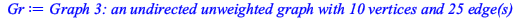 Typesetting:-mprintslash([Gr := `Graph 3: an undirected unweighted graph with 10 vertices and 25 edge(s)`], [GRAPHLN(undirected, unweighted, [1, 2, 3, 4, 5, 6, 7, 8, 9, 10], Array(1..10, {(1) = {4, 5,...