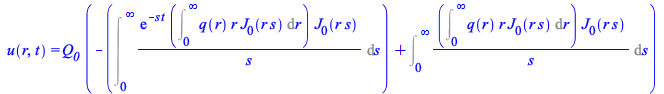 Typesetting:-mprintslash([u(r, t) = `*`(Q__0, `*`(`+`(`-`(Int(`/`(`*`(exp(`+`(`-`(`*`(s, `*`(t))))), `*`(Int(`*`(q(r), `*`(r, `*`(BesselJ(0, `*`(r, `*`(s)))))), r = 0 .. infinity), `*`(BesselJ(0, `*`(...