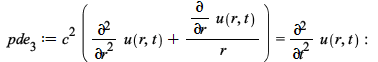 pde__3 := `*`(`^`(c, 2), `*`(`+`(diff(u(r, t), r, r), `/`(`*`(diff(u(r, t), r)), `*`(r))))) = diff(u(r, t), t, t); -1