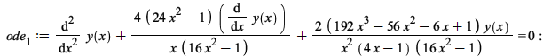 ode__1 := `+`(diff(y(x), x, x), `/`(`*`(4, `*`(`+`(`*`(24, `*`(`^`(x, 2))), `-`(1)), `*`(diff(y(x), x)))), `*`(x, `*`(`+`(`*`(16, `*`(`^`(x, 2))), `-`(1))))), `/`(`*`(2, `*`(`+`(`*`(192, `*`(`^`(x, 3)...