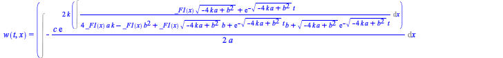 Typesetting:-mprintslash([w(t, x) = `*`(`+`(Int(`+`(`-`(`/`(`*`(`/`(1, 2), `*`(c, `*`(exp(`+`(`*`(2, `*`(k, `*`(Int(`/`(`*`(`+`(`*`(_F1(x), `*`(`^`(`+`(`-`(`*`(4, `*`(a, `*`(k)))), `*`(`^`(b, 2))), `/...