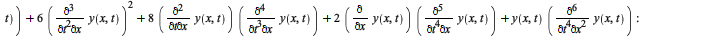 pde__3 := `+`(`*`(4, `*`(diff(y(x, t), t, t, t, x, x), `*`(diff(y(x, t), t)))), `*`(6, `*`(diff(y(x, t), t, t, x, x), `*`(diff(y(x, t), t, t)))), `*`(4, `*`(diff(y(x, t), t, x, x), `*`(diff(y(x, t), t...