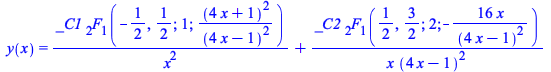 y(x) = `+`(`/`(`*`(_C1, `*`(hypergeom([-`/`(1, 2), `/`(1, 2)], [1], `/`(`*`(`^`(`+`(`*`(4, `*`(x)), 1), 2)), `*`(`^`(`+`(`*`(4, `*`(x)), `-`(1)), 2)))))), `*`(`^`(x, 2))), `/`(`*`(_C2, `*`(hypergeom([...