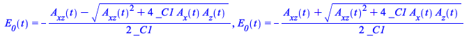 E__0(t) = `+`(`-`(`/`(`*`(`/`(1, 2), `*`(`+`(A__xz(t), `-`(`*`(`^`(`+`(`*`(`^`(A__xz(t), 2)), `*`(4, `*`(_C1, `*`(A__x(t), `*`(A__z(t)))))), `/`(1, 2))))))), `*`(_C1)))), E__0(t) = `+`(`-`(`/`(`*`(`/`...