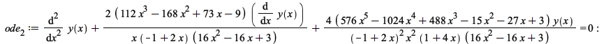 ode__2 := `+`(diff(y(x), x, x), `/`(`*`(2, `*`(`+`(`*`(112, `*`(`^`(x, 3))), `-`(`*`(168, `*`(`^`(x, 2)))), `*`(73, `*`(x)), `-`(9)), `*`(diff(y(x), x)))), `*`(x, `*`(`+`(`-`(1), `*`(2, `*`(x))), `*`(...