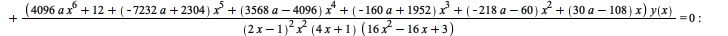 ode__3 := `+`(`*`(`+`(`*`(a, `*`(x)), 1), `*`(diff(y(x), x, x))), `/`(`*`(`+`(`*`(288, `*`(a, `*`(`^`(x, 4)))), `-`(18), `*`(`+`(`-`(`*`(432, `*`(a))), 224), `*`(`^`(x, 3))), `*`(`+`(`*`(190, `*`(a)),...